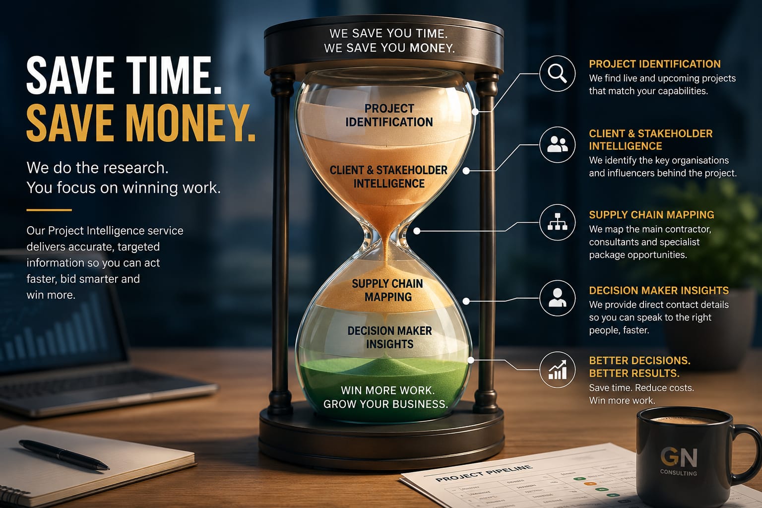 GN Consulting Project Intelligence sand timer process showing how the service saves time and money